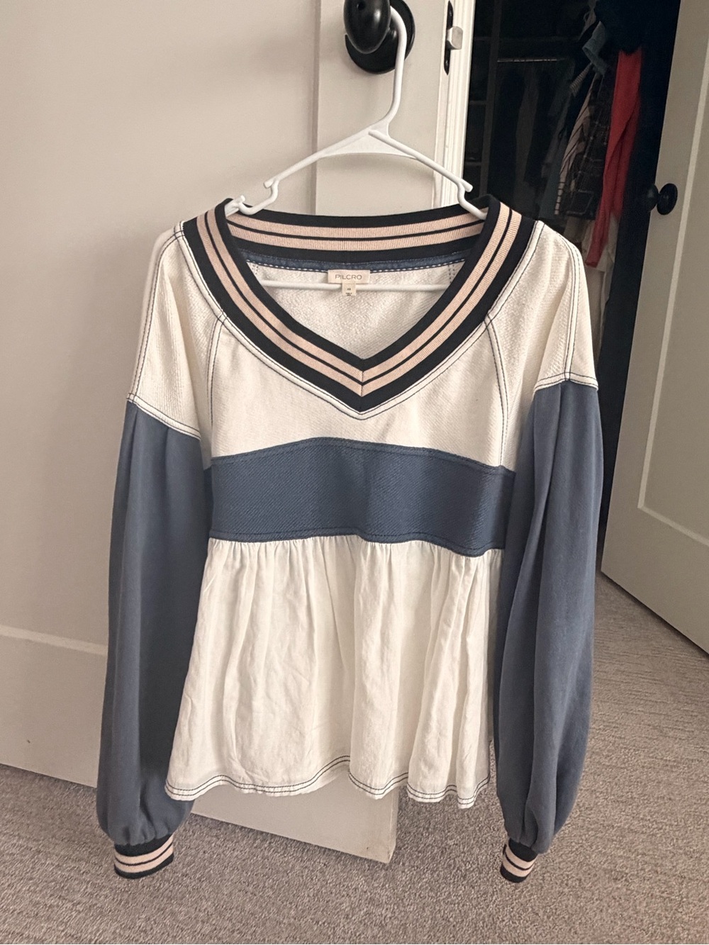Pilcro White and Dusty Blue V‑Neck Peplum Sweatshirt